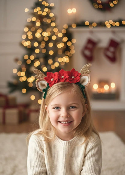 El Yapımı Poinsettia Çiçekli Geyik Boynuzu Taç